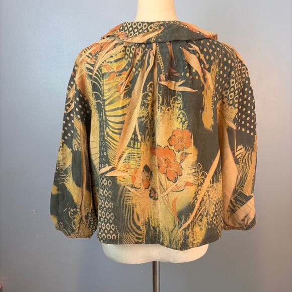 BLEU Safari Floral Print Button Blazer Women XL Blouson Sleeve Peter Pan Collar - Picture 2 of 6
